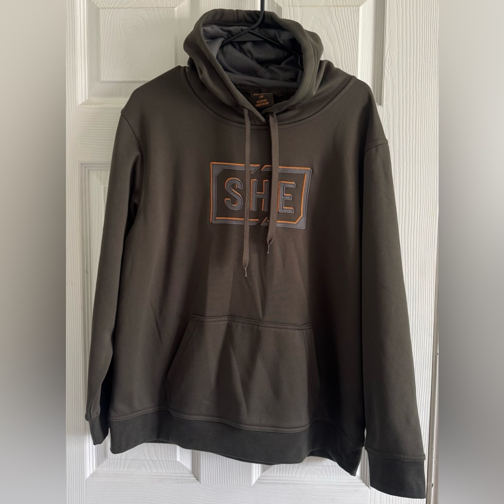 SHE Outdoor Hoodie Womens Large Olive Green Fleece Lined Logo Pockets